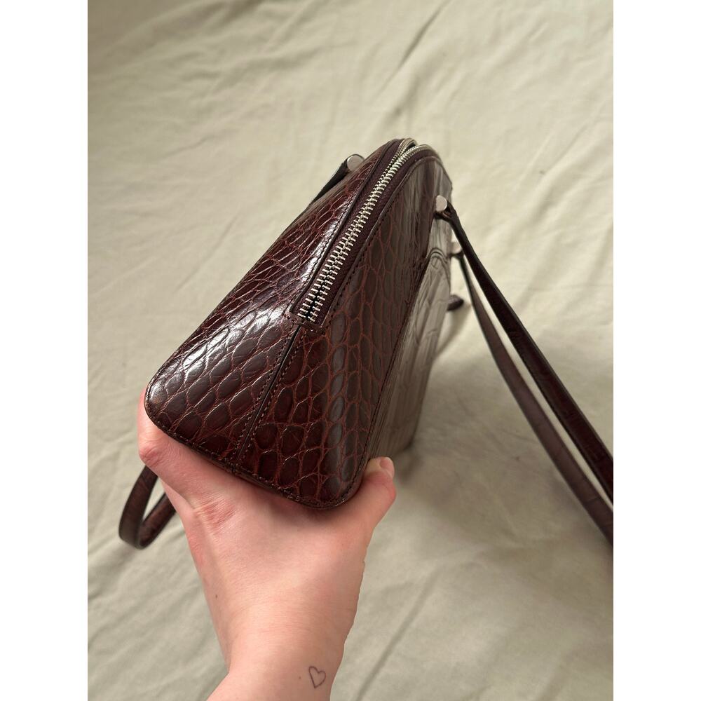 Monsac Brown Genuine Leather Croc Embossed Large Shoulder Bag Purse Zip Closure - Picture 9 of 12